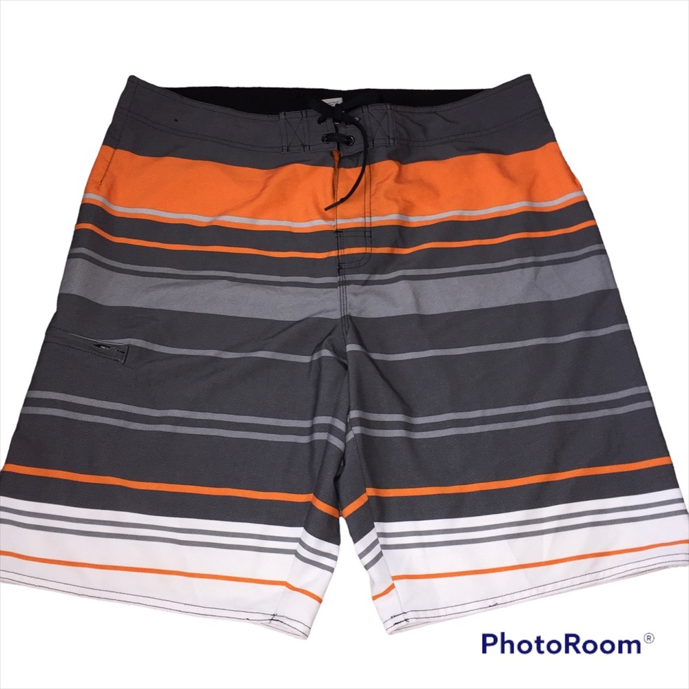 Hang Ten Board Shorts Sz 38 Striped Swim Orange Gray Surf
